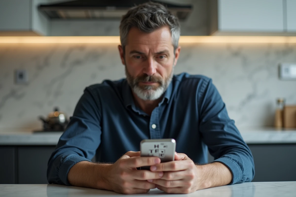 Homme consultant un solver de 4 images 1 mot sur smartphone pour trouver un mot de 7 lettres