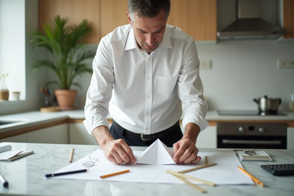 Homme assemblant une pyramide en papier dans une cuisine