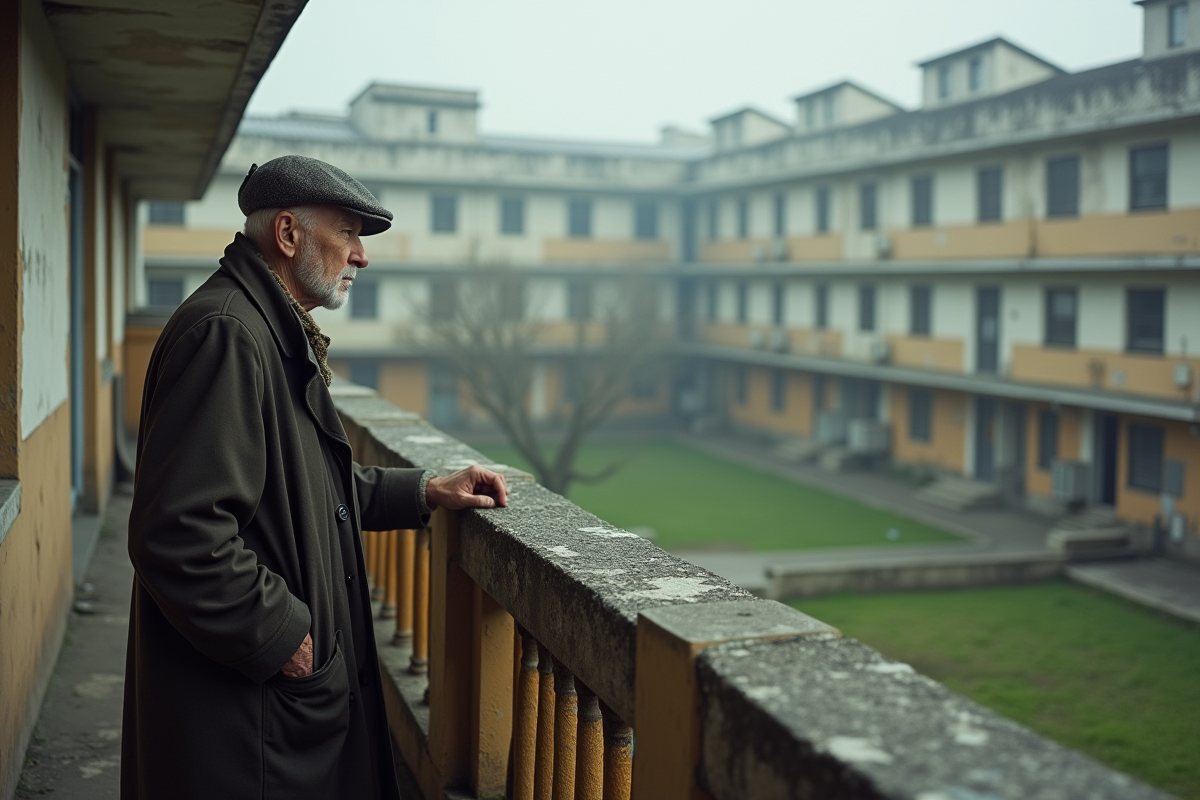 Homme âgé regardant depuis le balcon d