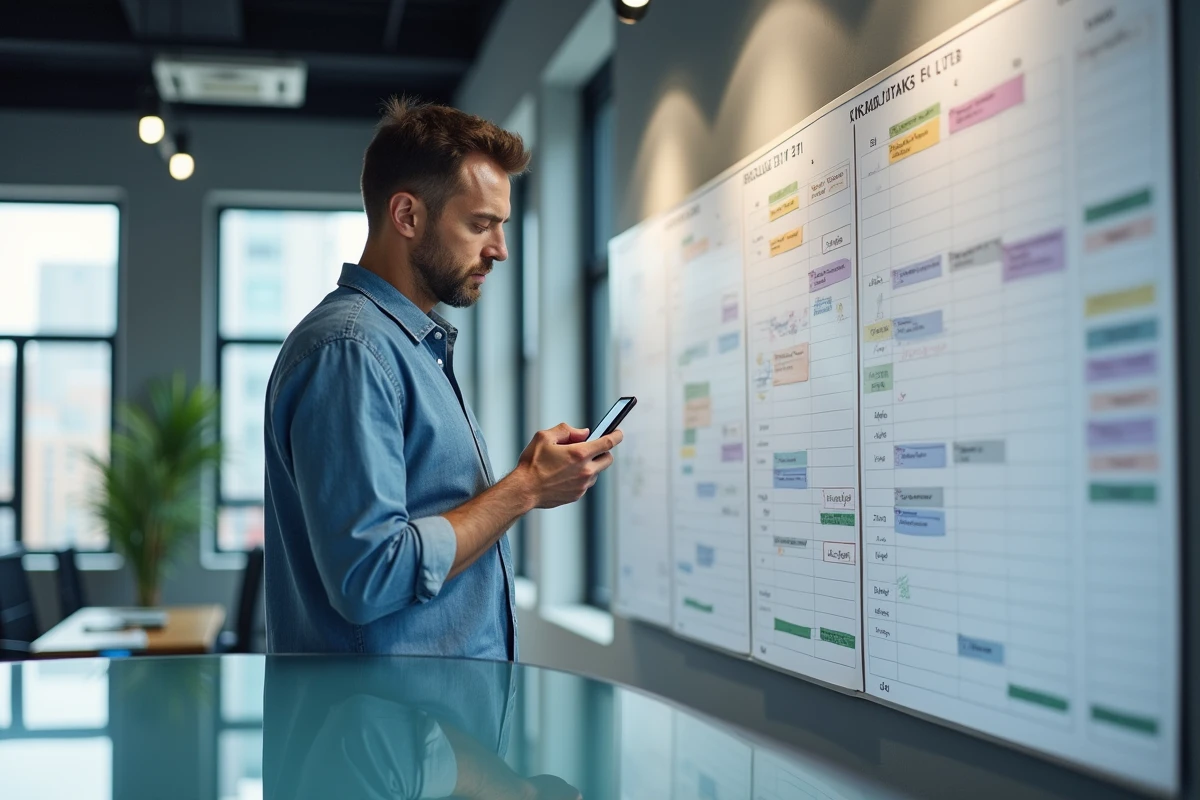Homme professionnel consultant un calendrier mural et une application de calcul de durée entre deux dates dans un bureau moderne