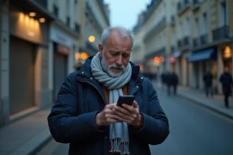 Homme cherchant un bureau de tabac ouvert près de chez lui sur son smartphone dans une rue française