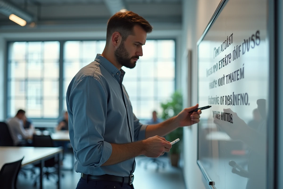Homme d'affaires debout devant un tableau blanc avec une citation motivante dans un bureau moderne