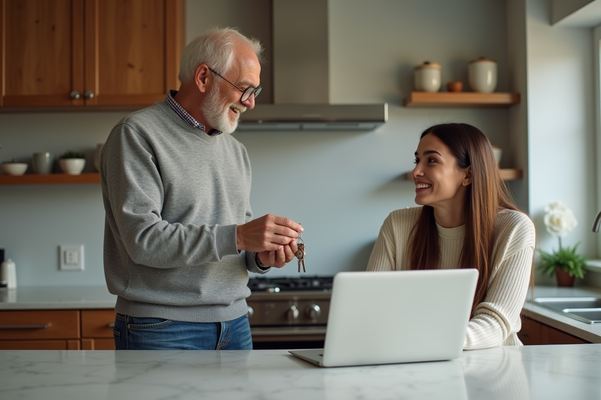Homme montrant ses clés à une femme dans la cuisine moderne