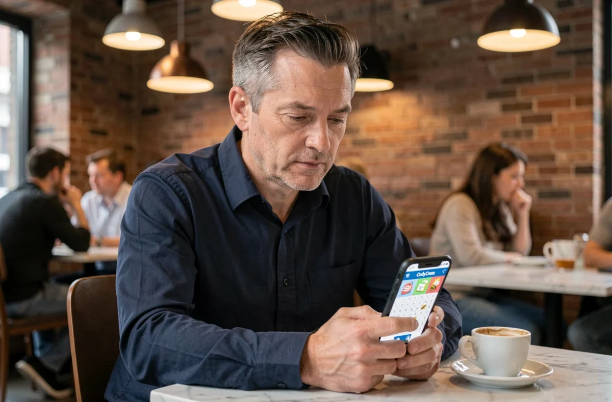 Homme concentré jouant à CodyCross sur smartphone dans un café urbain moderne avec espresso sur table en marbre