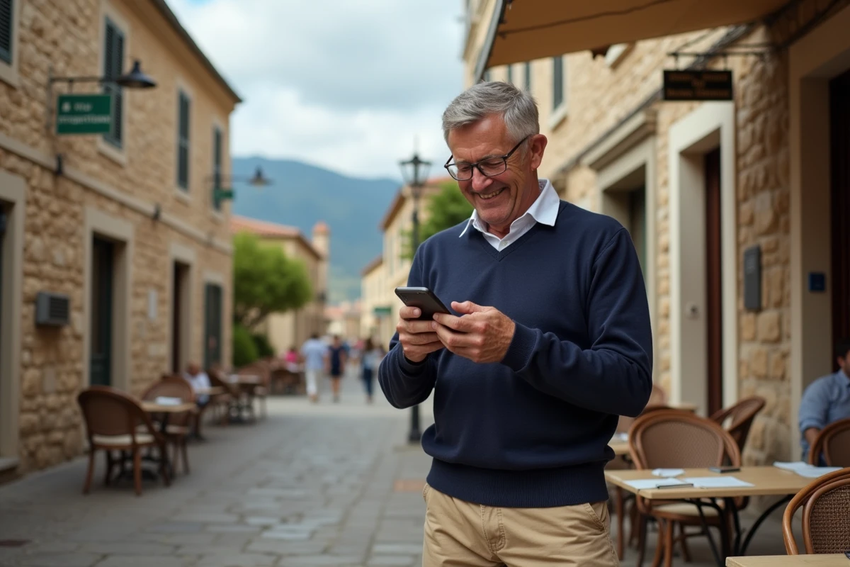 Homme corsicaine utilisant son smartphone au café en plein air