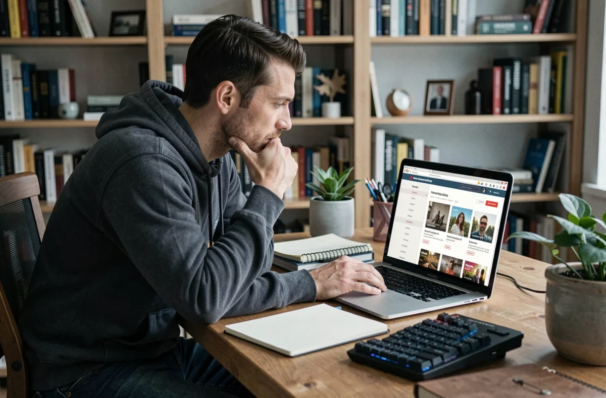 Homme consultant un site de recommandations de séries sur un ordinateur portable dans un bureau à domicile organisé