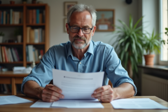 Homme français lisant des documents dans sa cuisine