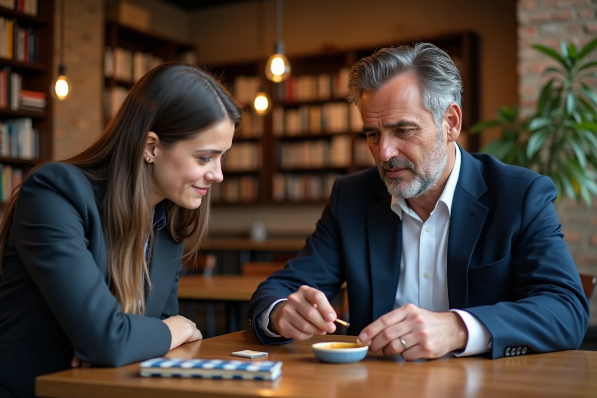 Homme français montrant un allumette à un voyageur dans un café