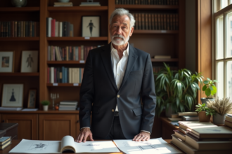 Homme d'âge moyen en blazer sombre dans un bureau élégant