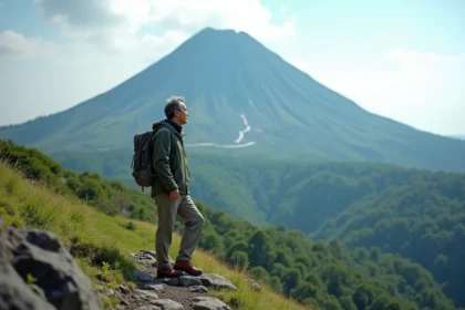Homme japonais en randonnée devant un volcan japonais