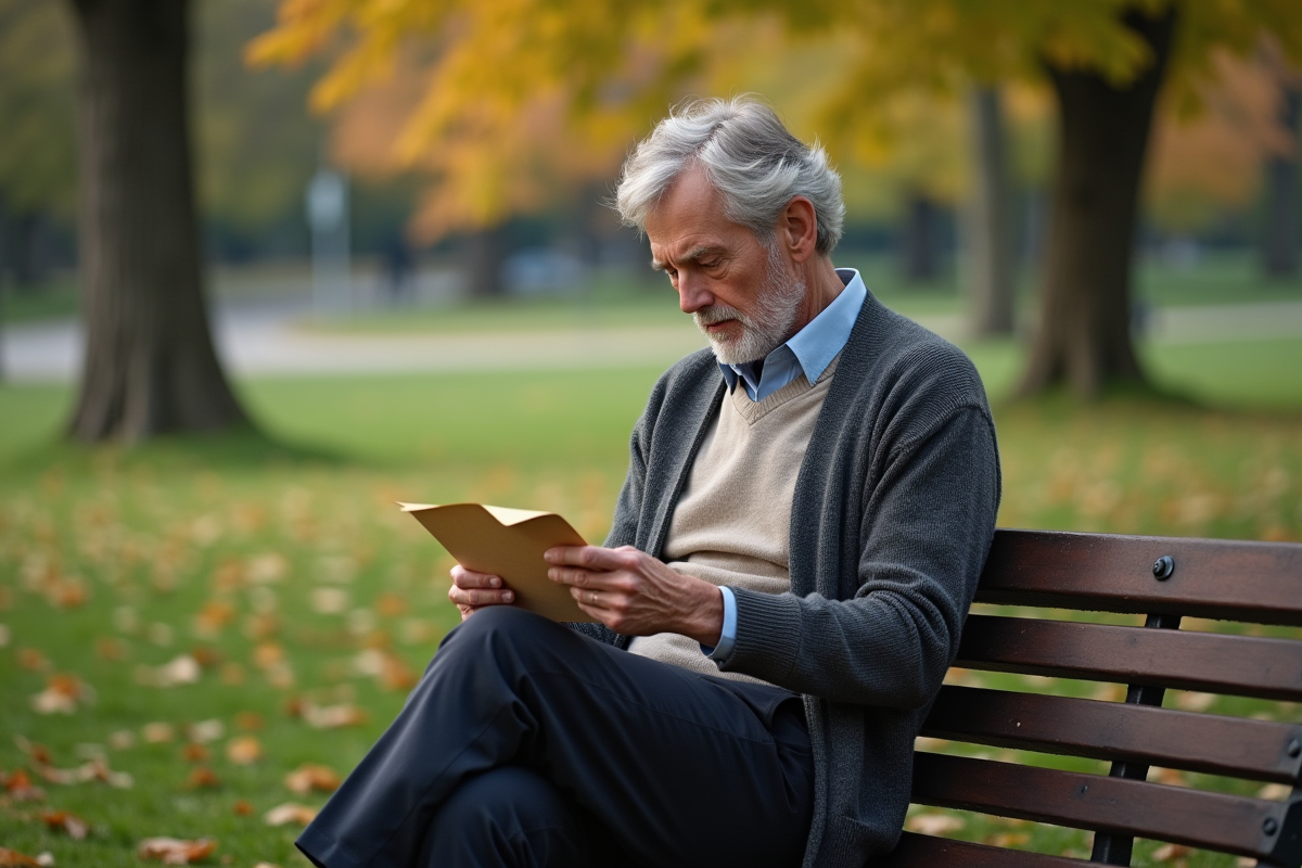 Homme âgé lisant une enveloppe dans un parc