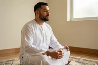 Homme en tenue blanche assis sur un tapis de prière en position de recueillement pour la prière Fajr