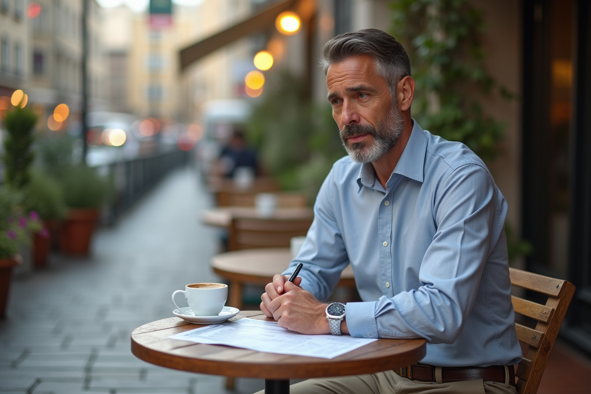 Homme pensif avec document financier dans un café extérieur