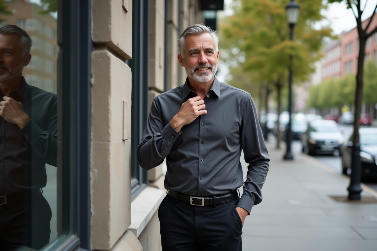 Homme confiant ajustant sa chemise dans une vitrine urbaine
