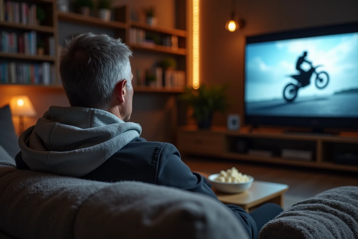 Homme regardant un film de moto dans un salon cosy