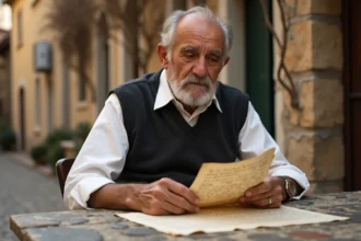 Vieil homme sarde en costume traditionnel consultant un document de généalogie ancien dans un village méditerranéen