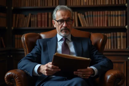 Homme en costume dans une bibliothèque ancienne