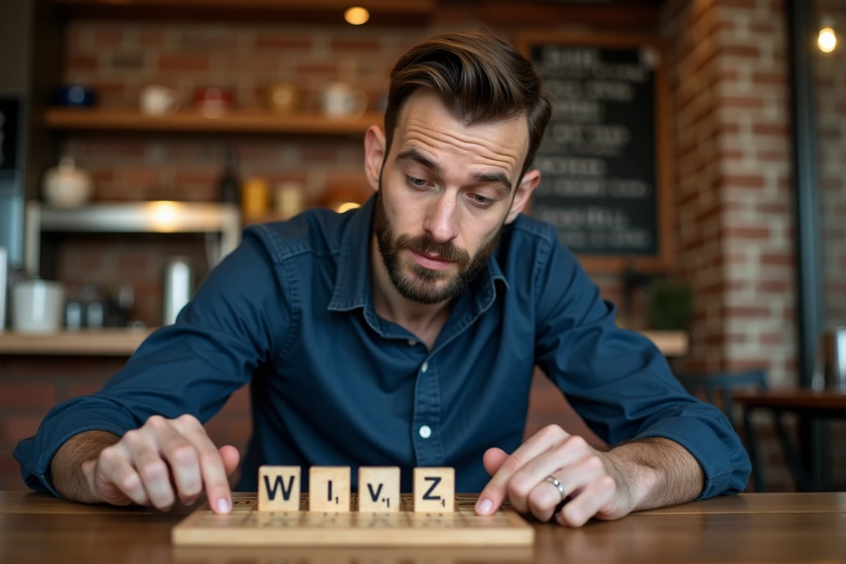 Homme en café réfléchissant à une stratégie Scrabble avec les lettres rares W et Z sur son chevalet
