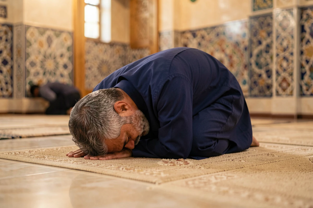 Homme en prosternation sujud sur un tapis de prière dans une mosquée lors d'un rakat de la prière Fajr