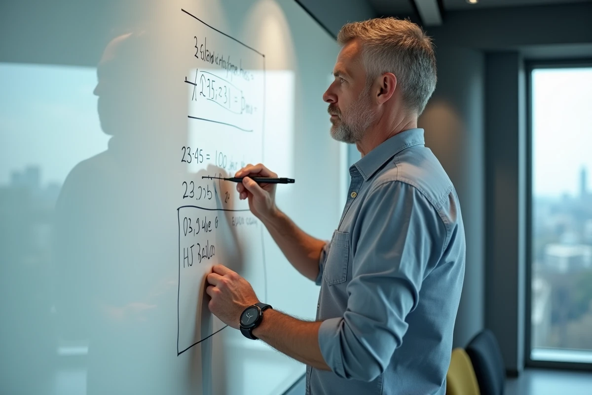 Homme écrivant une conversion sur un tableau blanc
