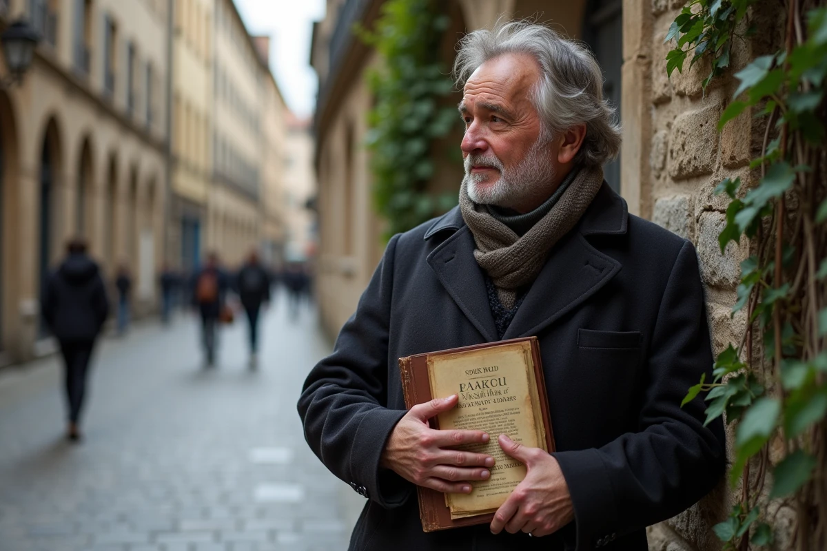 Homme âgé avec livres et mur en pierre couverte de lierre