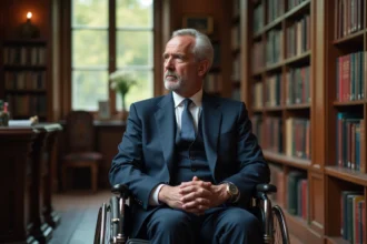 Homme d'âge moyen en costume navy dans une bibliothèque