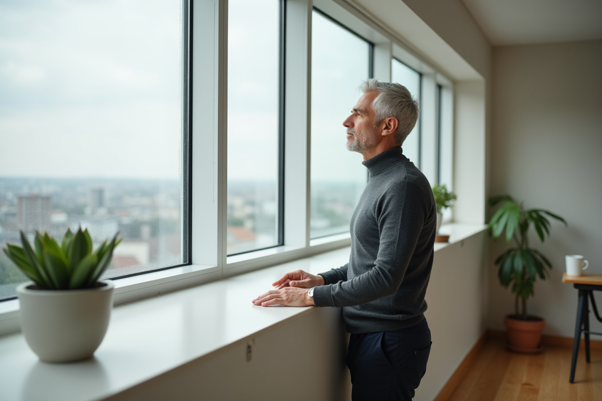 Homme regardant par une grande fenêtre dans un appartement moderne