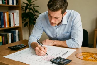 Ingénieur annotatant un tableau de conversion pourcent en degrés sur un bureau en bois avec calculatrice et rapporteur