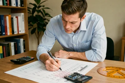 Ingénieur annotatant un tableau de conversion pourcent en degrés sur un bureau en bois avec calculatrice et rapporteur