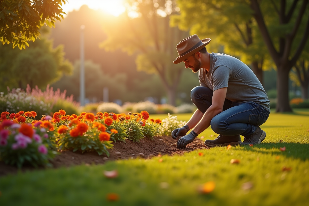 Jardinier plantant des fleurs dans un parc urbain ensoleille