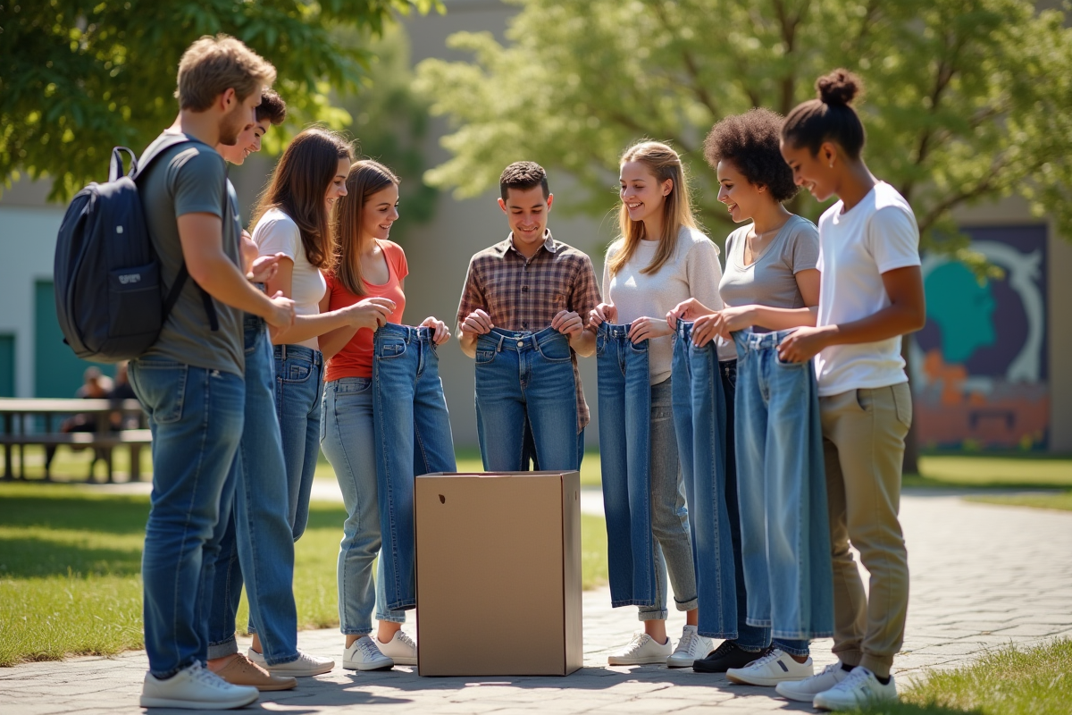 Jeunes adultes donnant des jeans dans une collecte en plein air