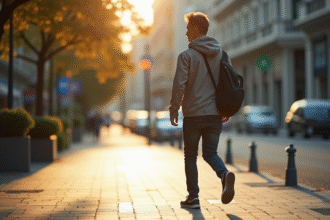 Jeune adulte marchant rapidement sur un trottoir urbain ensoleille