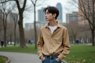 Jeune adulte à l'air androgynes dans un parc urbain au printemps