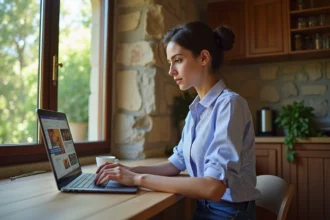 Jeune femme corsicaine travaillant sur son ordinateur à la maison