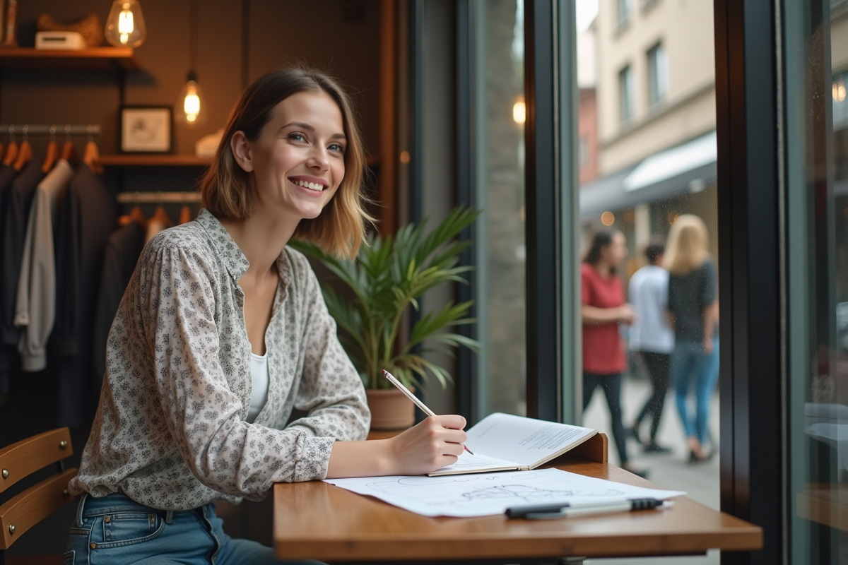 Jeune créatrice de mode esquissant dans un café animé