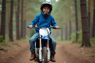 Jeune garçon en motocross souriant sur une moto en forêt