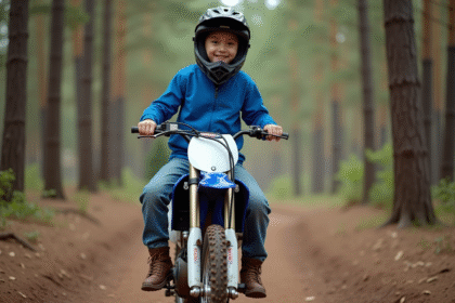 Jeune garçon en motocross souriant sur une moto en forêt