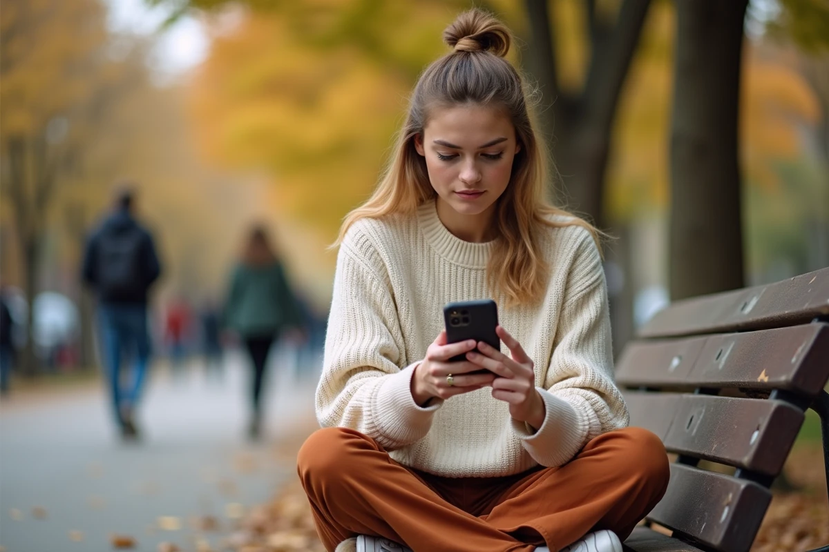 Jeune femme lisant une citation positive sur son smartphone dans un parc en automne, expression dubitative