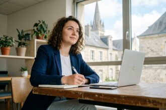 Jeune femme en coworking à Caen avec ordinateur et notes