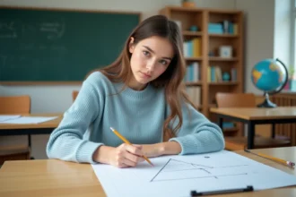 Jeune femme dessinant une pyramide dans une classe lumineuse