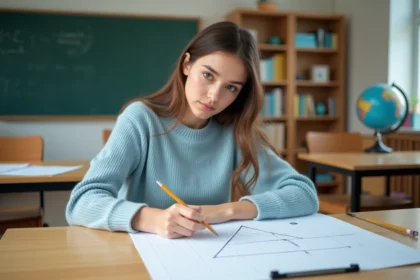 Jeune femme dessinant une pyramide dans une classe lumineuse
