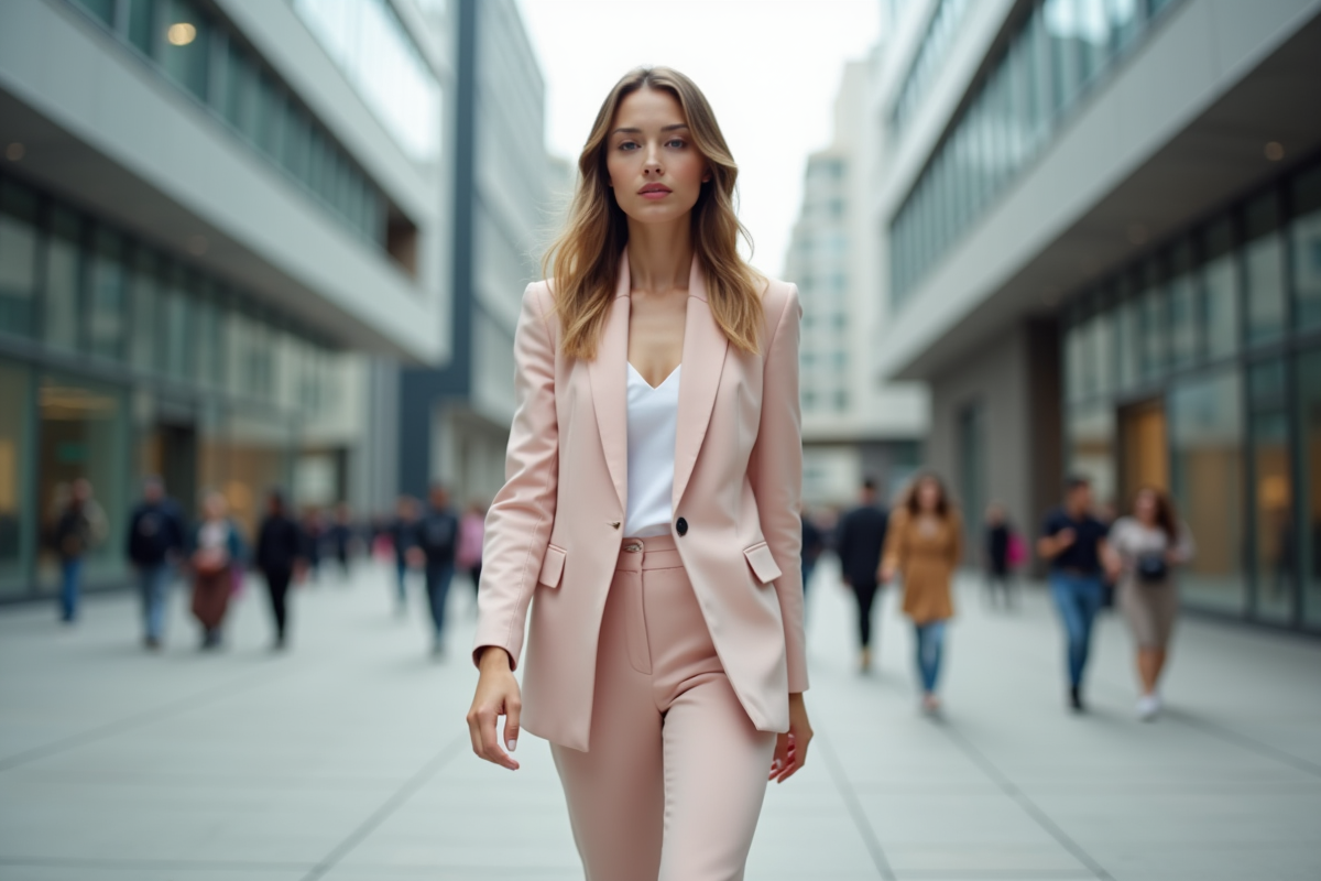 Jeune femme en costume pastel dans une place urbaine animée