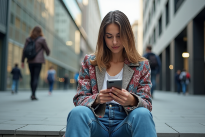 Jeune femme à la mode en ville avec smartphone et veste tendance