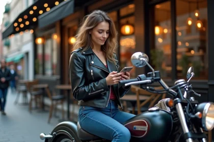 Jeune femme en moto devant un café urbain moderne
