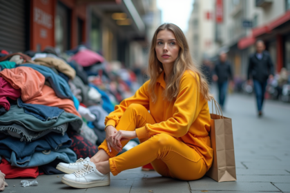 Jeune femme assise sur le trottoir entourée de déchets textiles