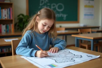 Jeune fille en classe étudiant une carte de France