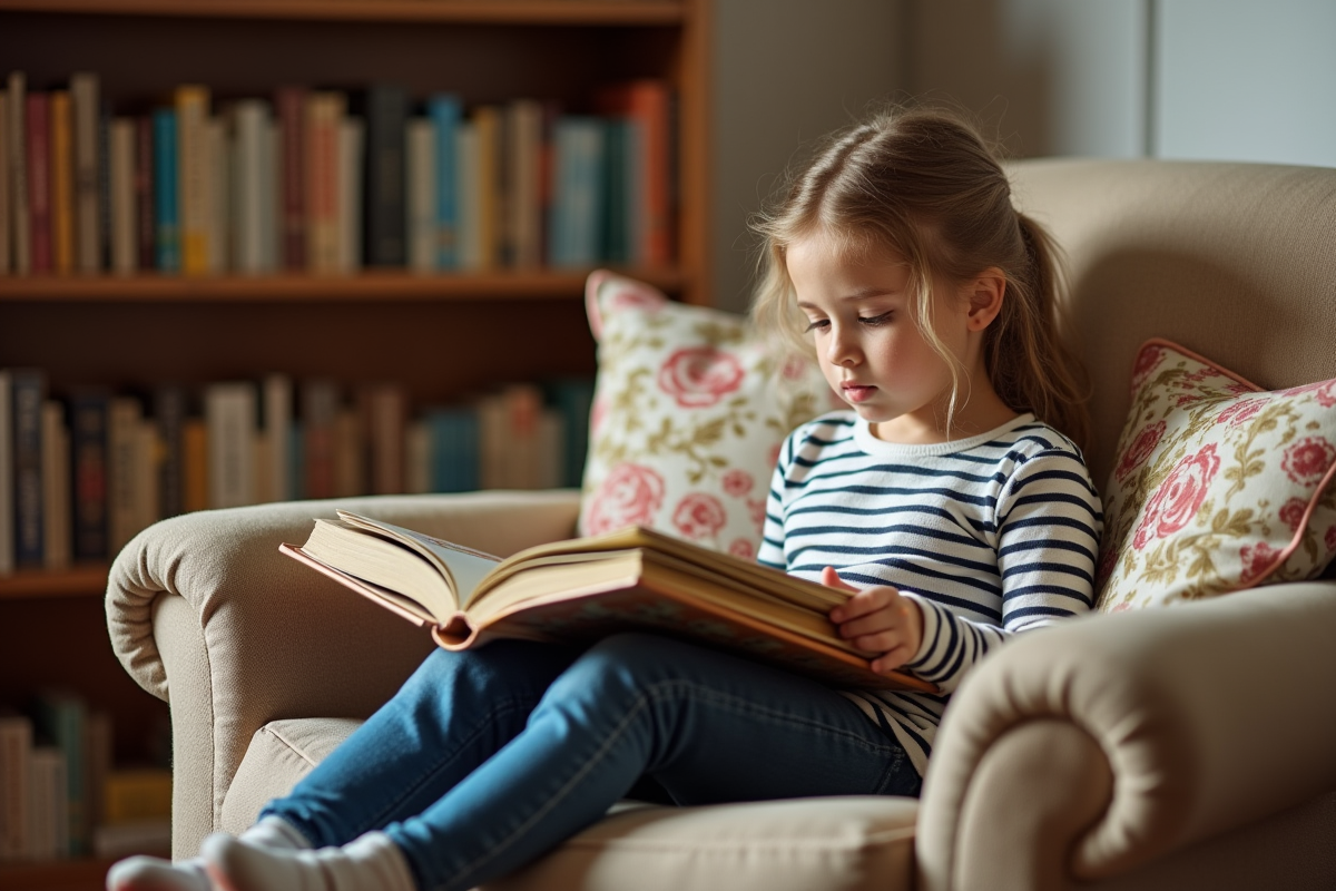 Jeune fille lisant un livre dans un salon chaleureux