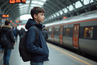 Adolescent regardant le train à la gare avec nervosite