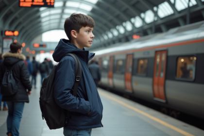 Adolescent regardant le train à la gare avec nervosite
