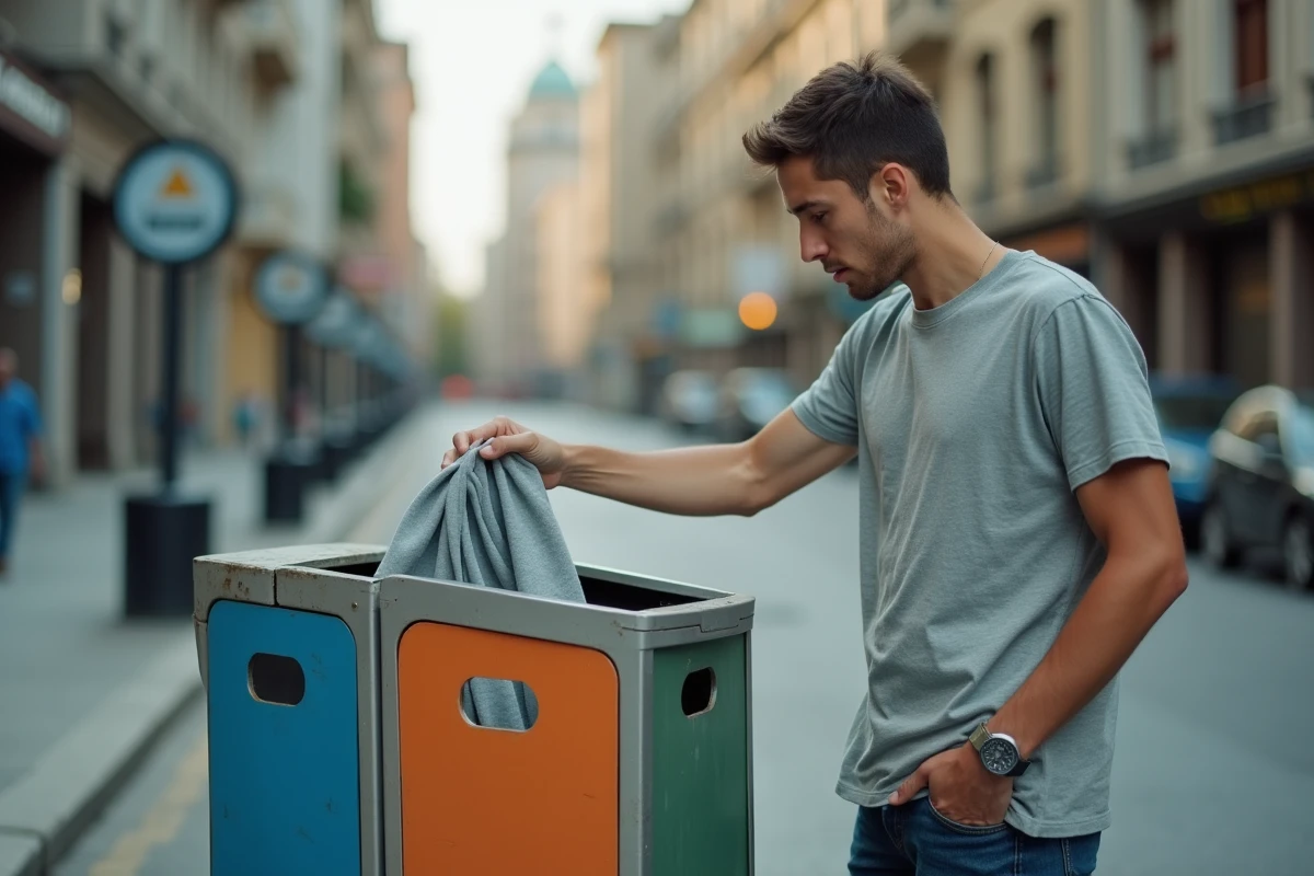 Jeune homme déposant un t-shirt usé dans une poubelle de recyclage